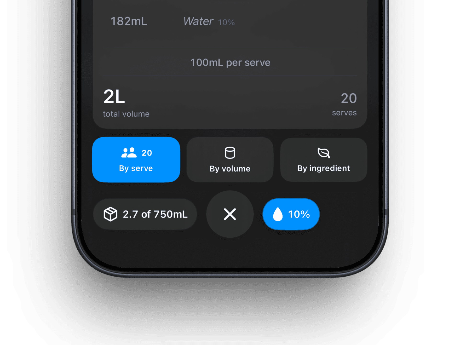 Eighty Six on iPhone - batch by serve, volume, or ingredient with dilution