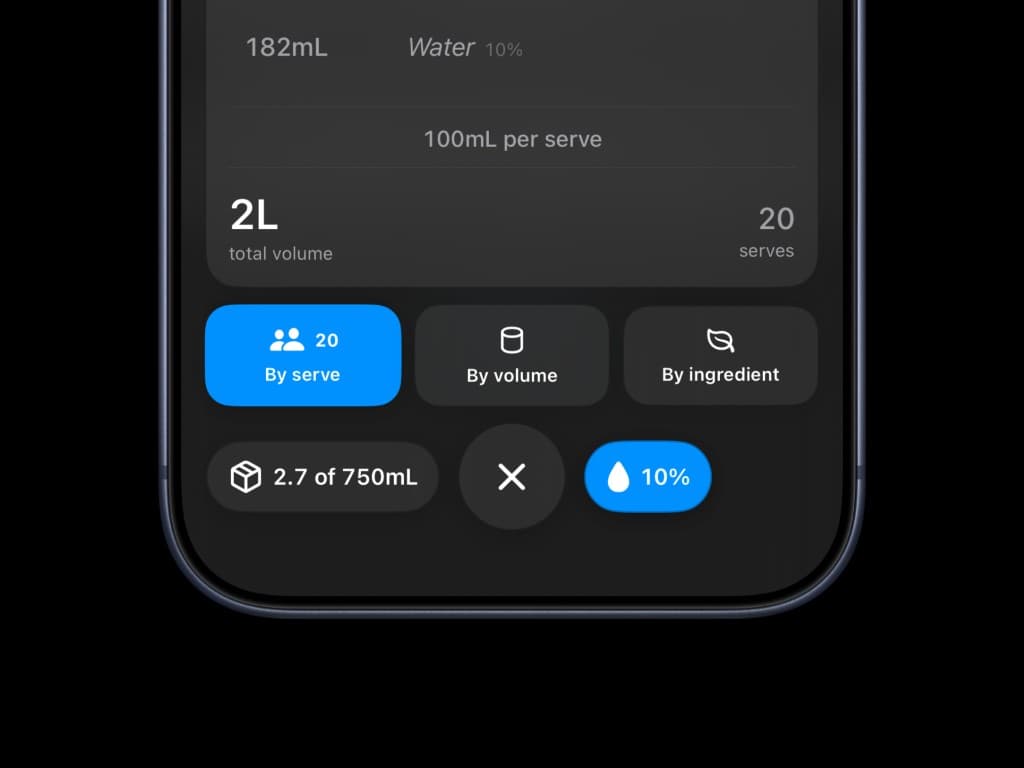 Batch by serve, volume, or ingredient with container sizing